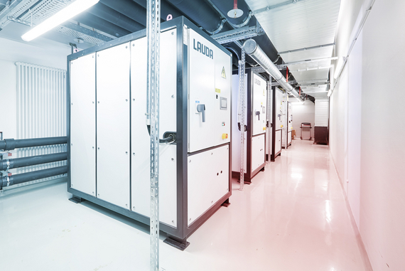 Multiple process cooling units in an industrial room.