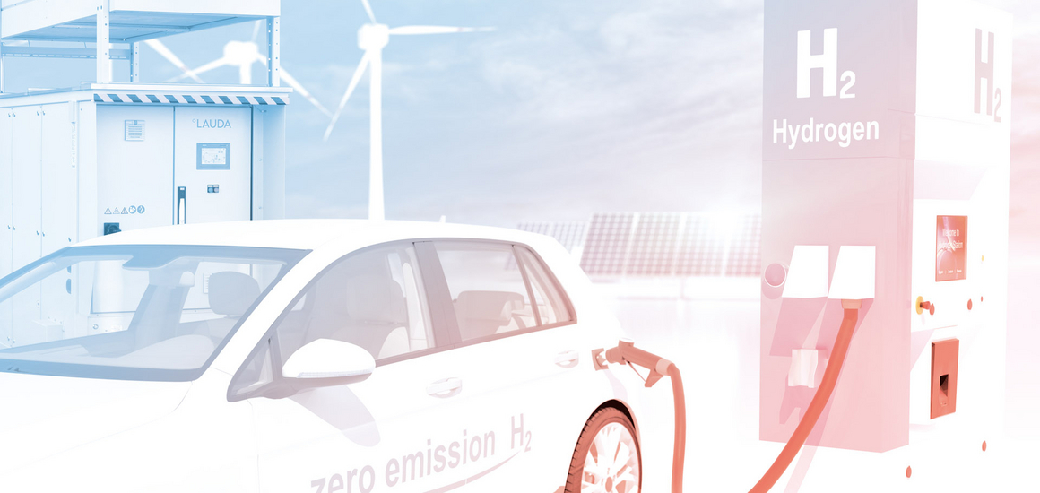 A car is refueled with H2 at a hydrogen filling station.